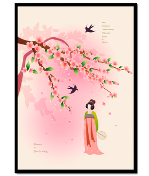 Art chinois traditionnel avec des fleurs de cerisier et une silhouette élégante