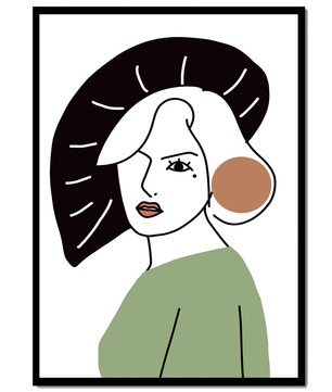 Minimalist Abstract Portrait Featuring Woman with Black Hat and Green Outfit - Mi tienda