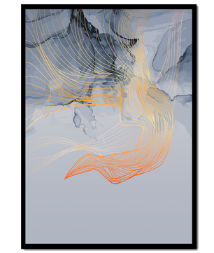 Elegantes abstraktes Design mit fließenden goldenen und orangefarbenen Linien auf blauem Hintergrund