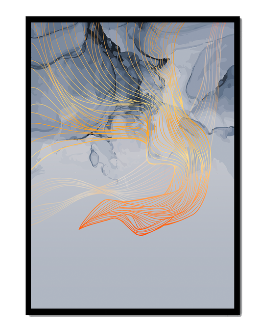 Elegant abstract design with flowing golden and orange lines on blue background