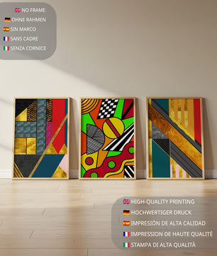 Composition d'art abstrait avec des éléments géométriques et dorés