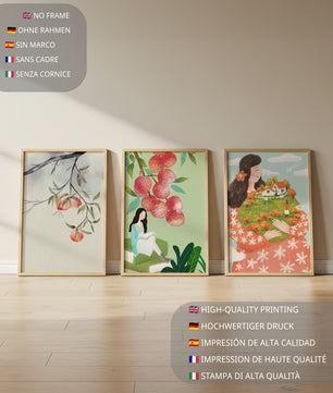 Triptyque d'art avec des éléments naturels et des figures du quotidien