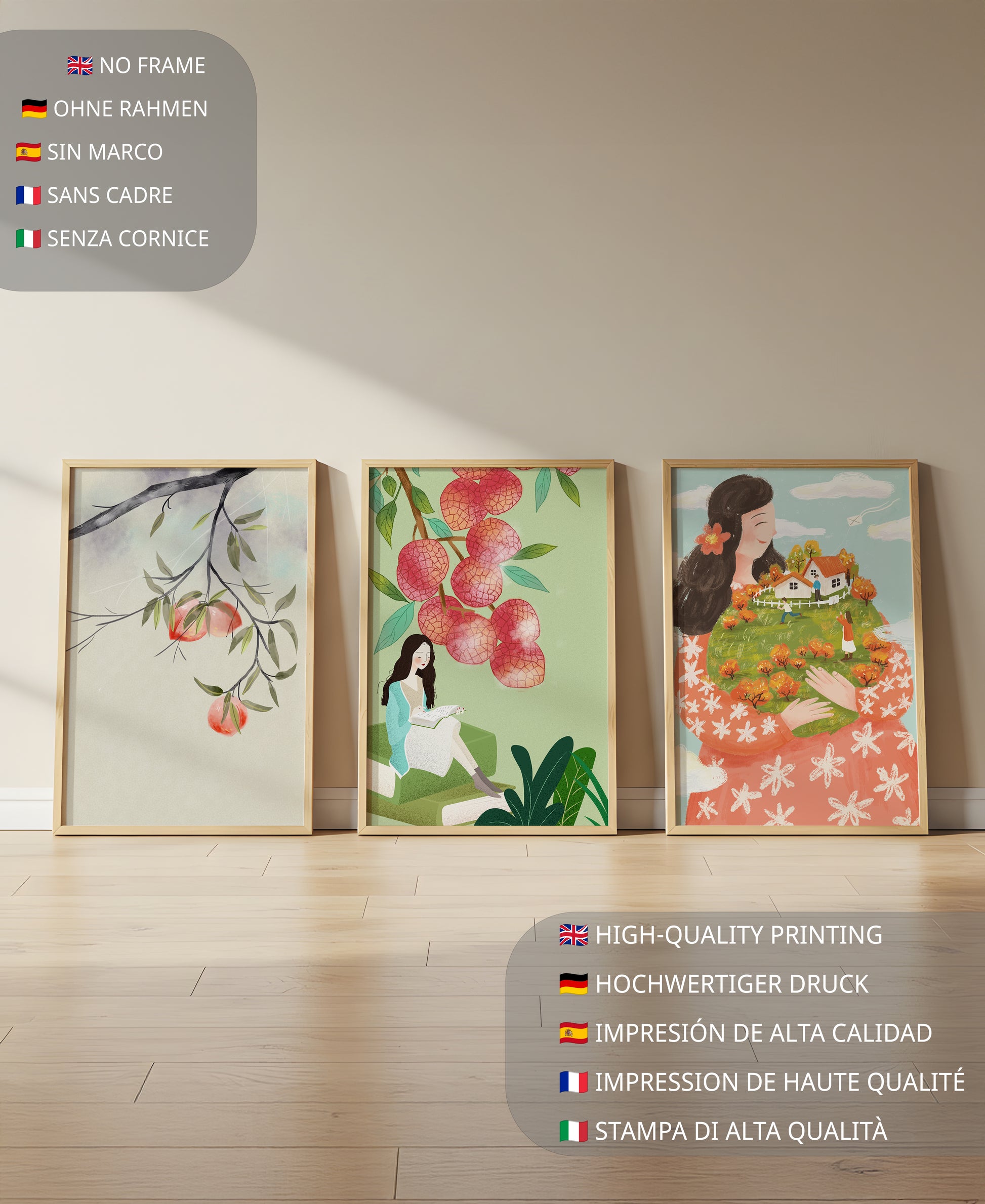 Triptyque d'art avec des éléments naturels et des figures du quotidien
