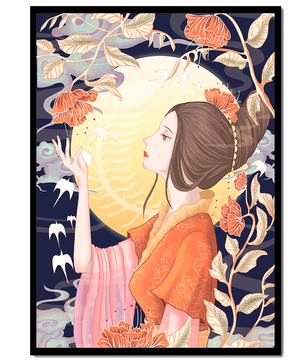 Illustration élégante d'une femme avec des éléments floraux sous la lumière de la lune