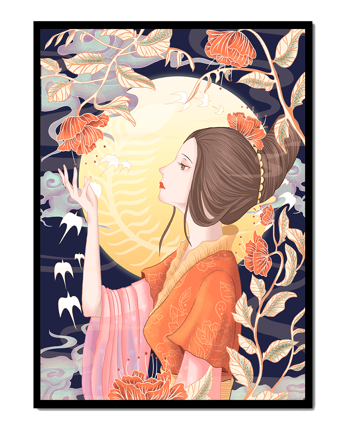 Elegant illustration of a woman with floral elements under the moonlight