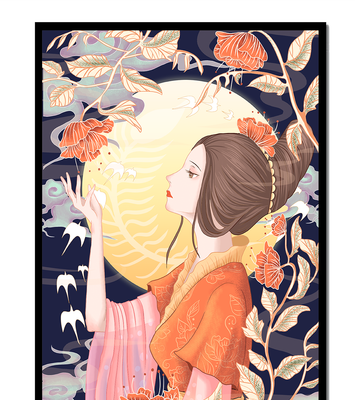 Elegant illustration of a woman with floral elements under the moonlight