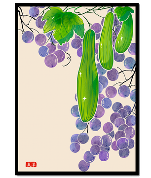 Ilustración de uvas y pepino con colores vibrantes y hojas