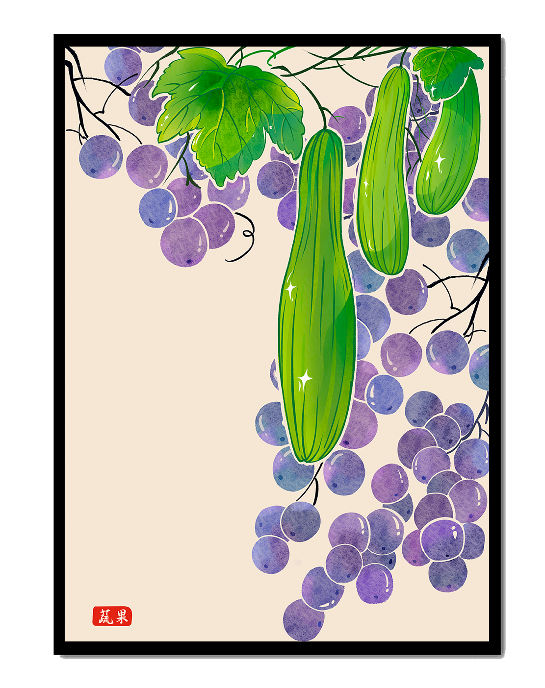 Ilustración de uvas y pepino con colores vibrantes y hojas