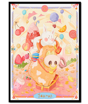A whimsical Taurus zodiac illustration with playful animals and sweet treats