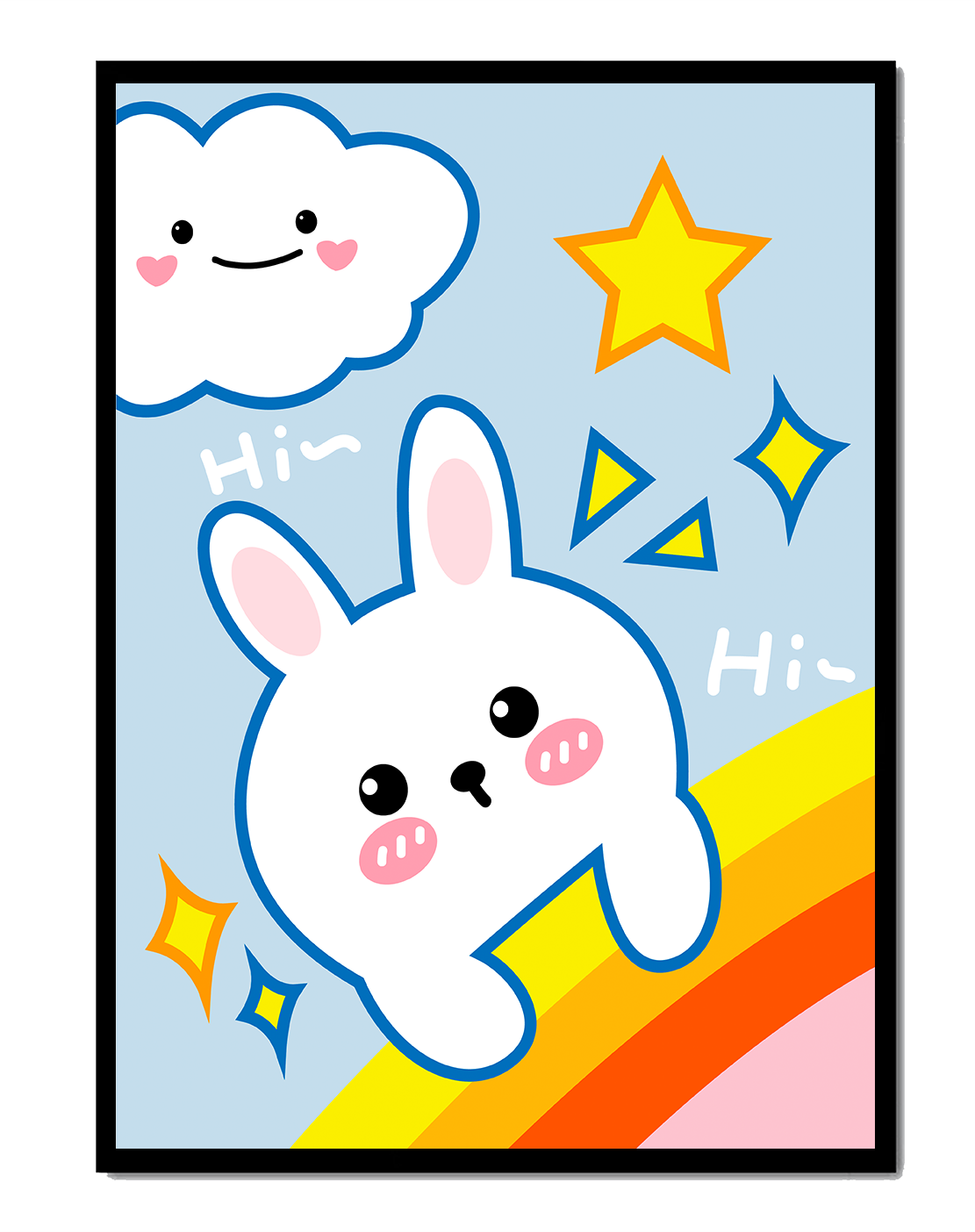Whimsical cartoon bunny with cloud and rainbow theme