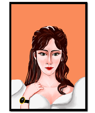 Retrato de una mujer con peinado elegante y reloj dorado