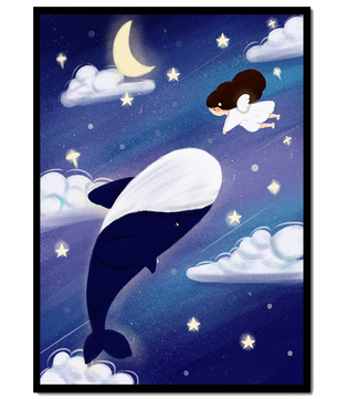 Whimsical night scene with flying angel and whale