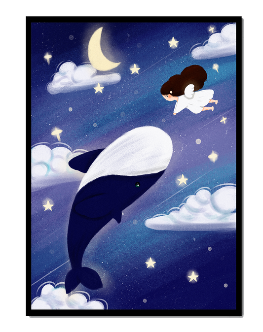 Whimsical night scene with flying angel and whale