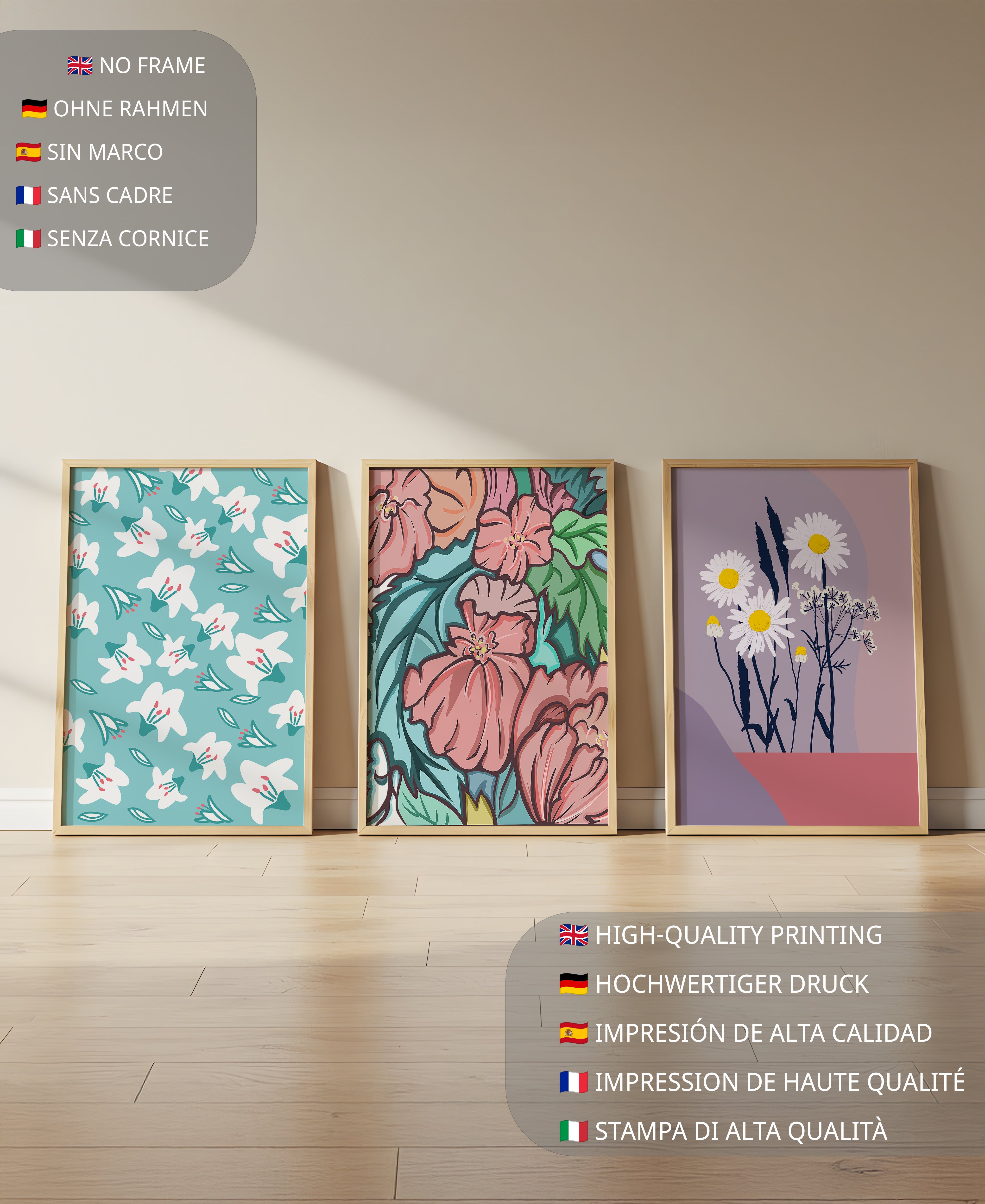 Mur avec trois tableaux de fleurs colorées dans un style moderne