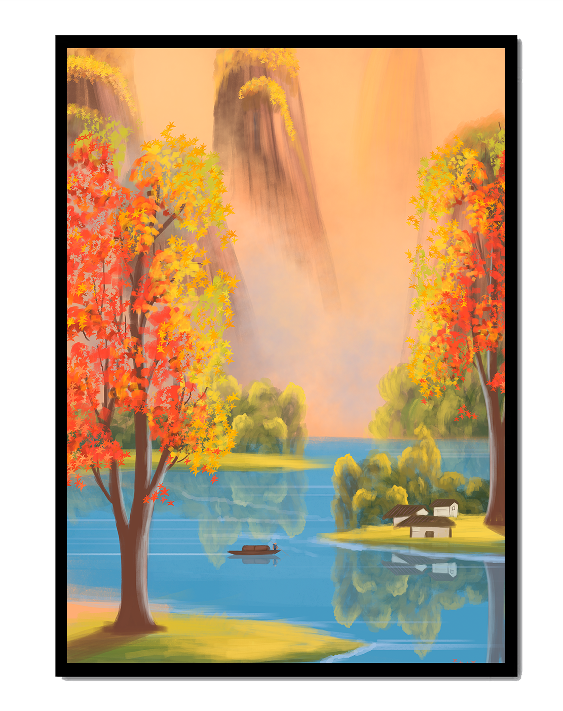 Paysage d'automne avec des arbres vibrants au bord d'un lac serein