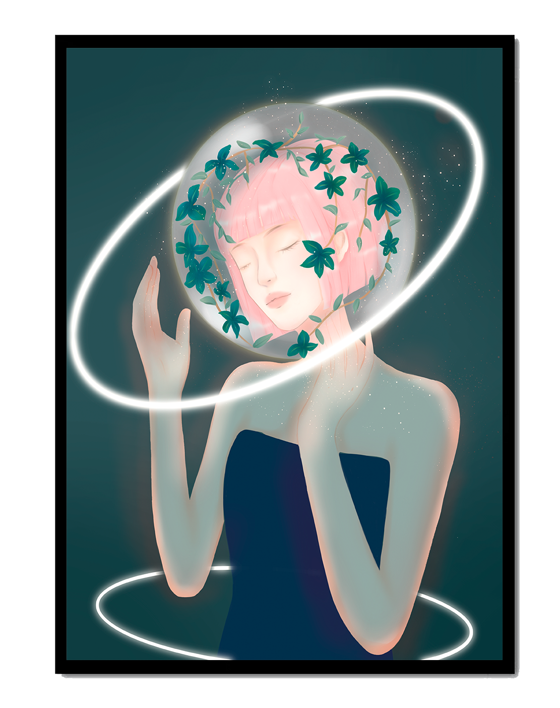 Dreamlike fantasy portrait with ethereal pink-haired figure