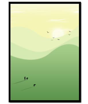 Paisaje minimalista con figuras silueteadas y aves al atardecer