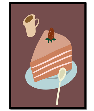 Ilustración de una porción de pastel con fresa y café