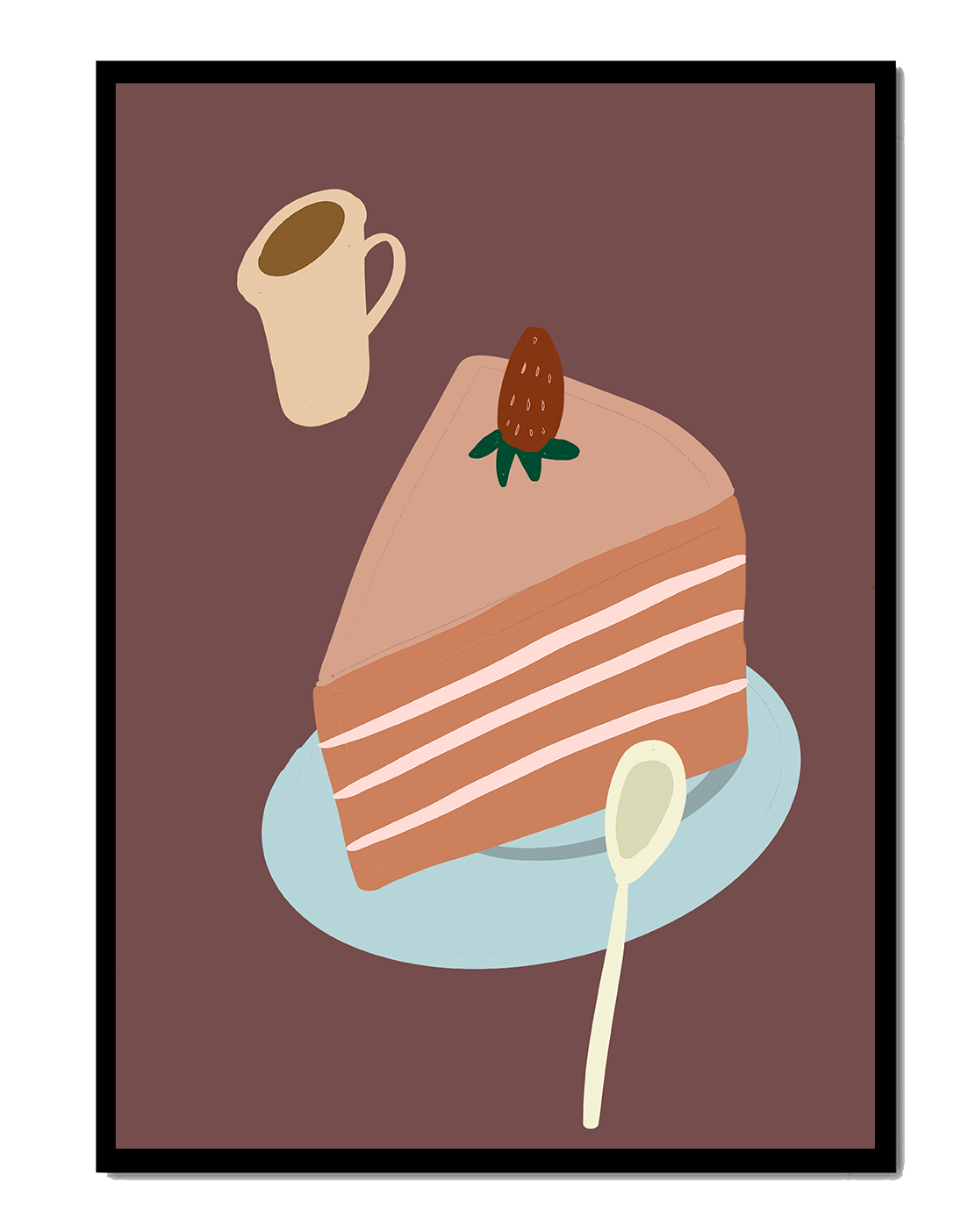 Illustration of a cake slice with strawberry and coffee