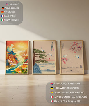 Images de paysages orientaux avec des grues et des dragons