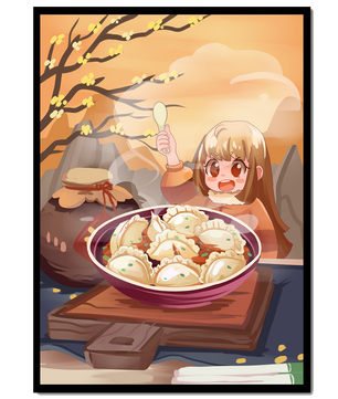 Comida de dumplings acogedora al aire libre en un entorno otoñal soleado con personaje alegre