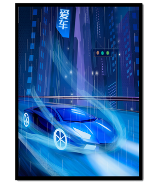 Futuristisches blaues Auto rast durch neonbeleuchtete, verregnete Stadtlandschaft