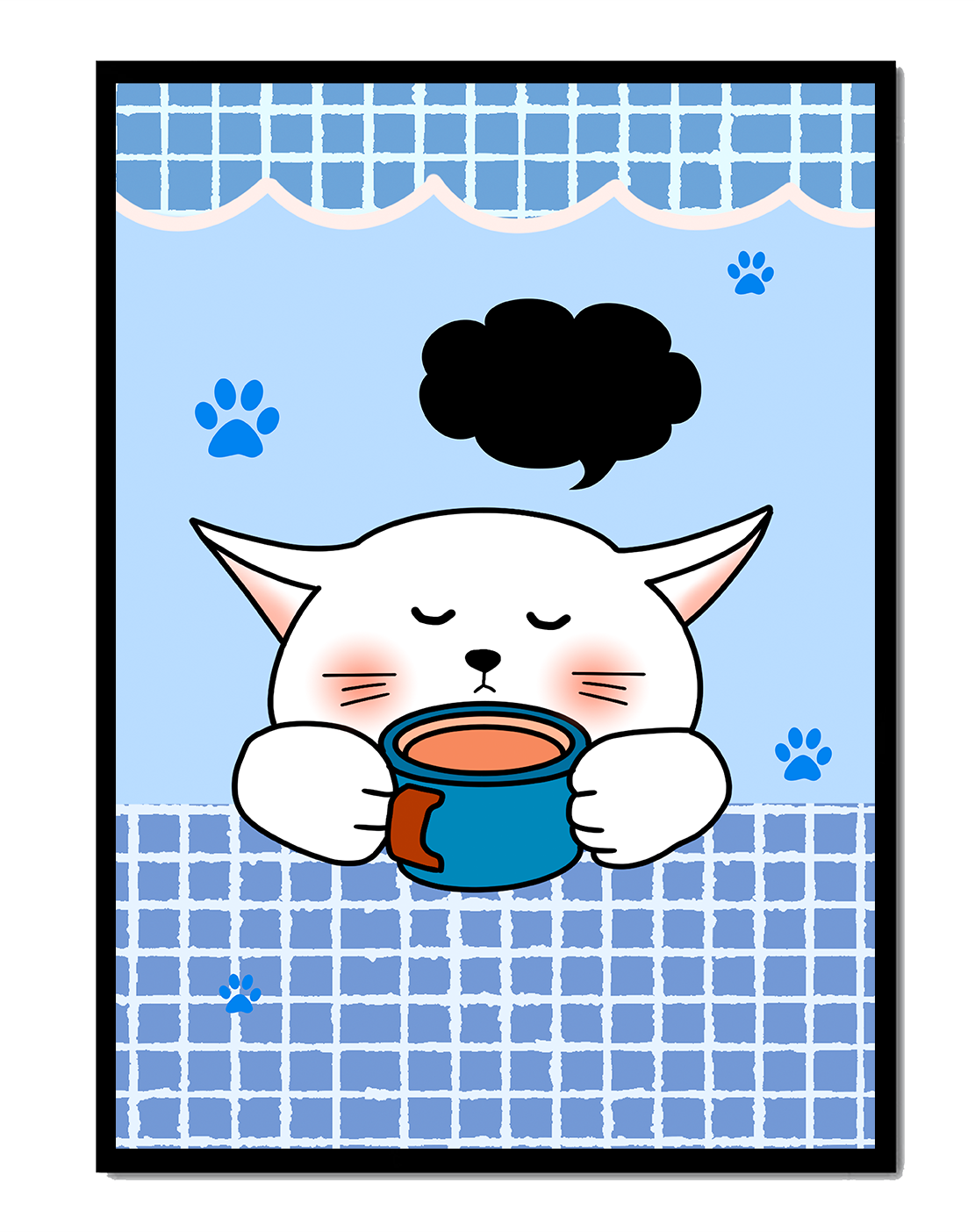 Cute cartoon cat with mug and speech bubble on blue background