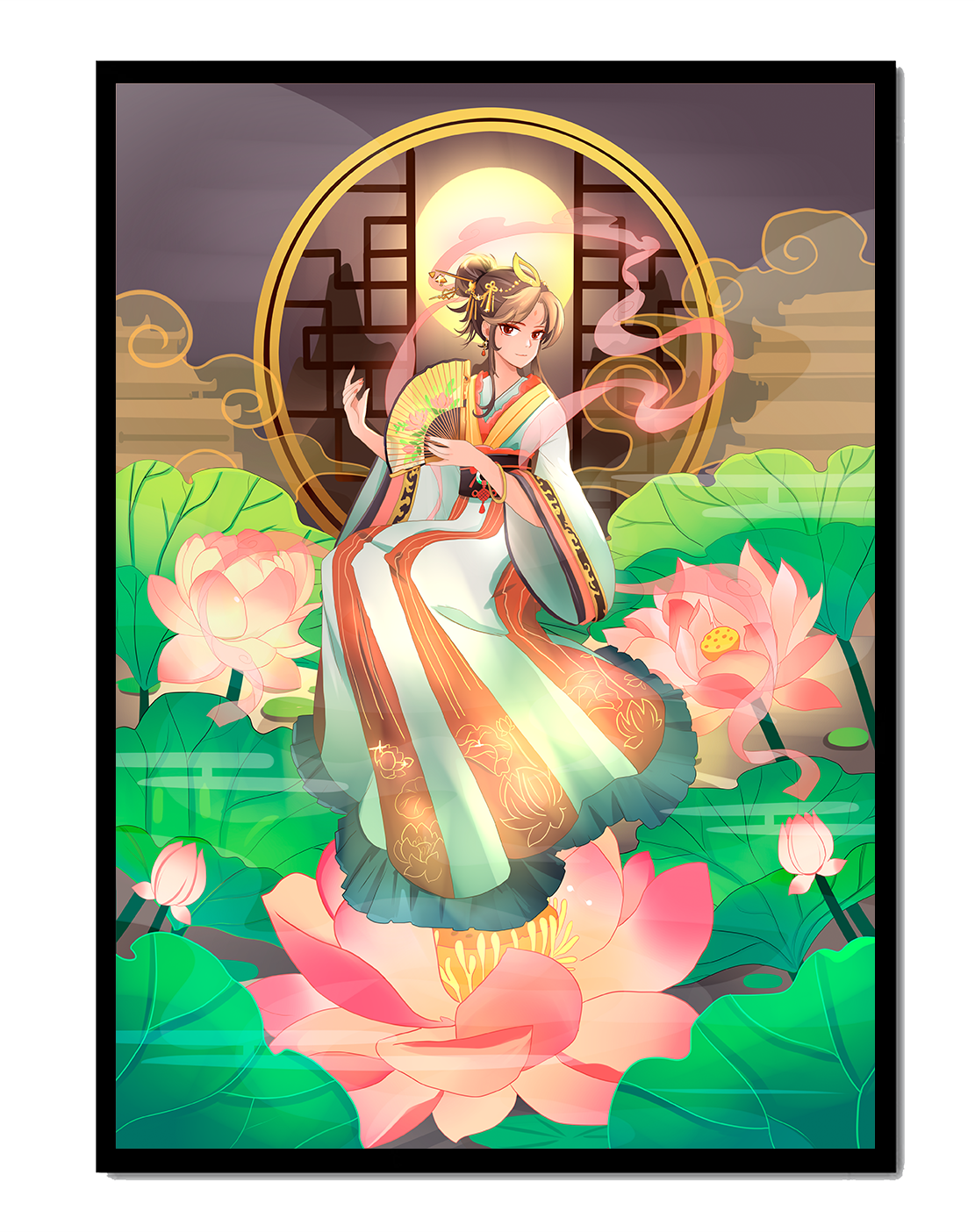 Elegant woman in traditional attire amidst lotus flowers with mountainous background