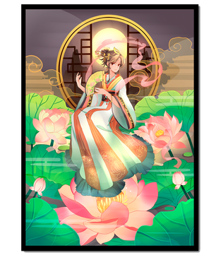 Mujer elegante con atuendo tradicional entre flores de loto y fondo montañoso