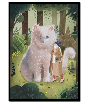 Verzauberter Wald mit einer riesigen Katze und einer Frau