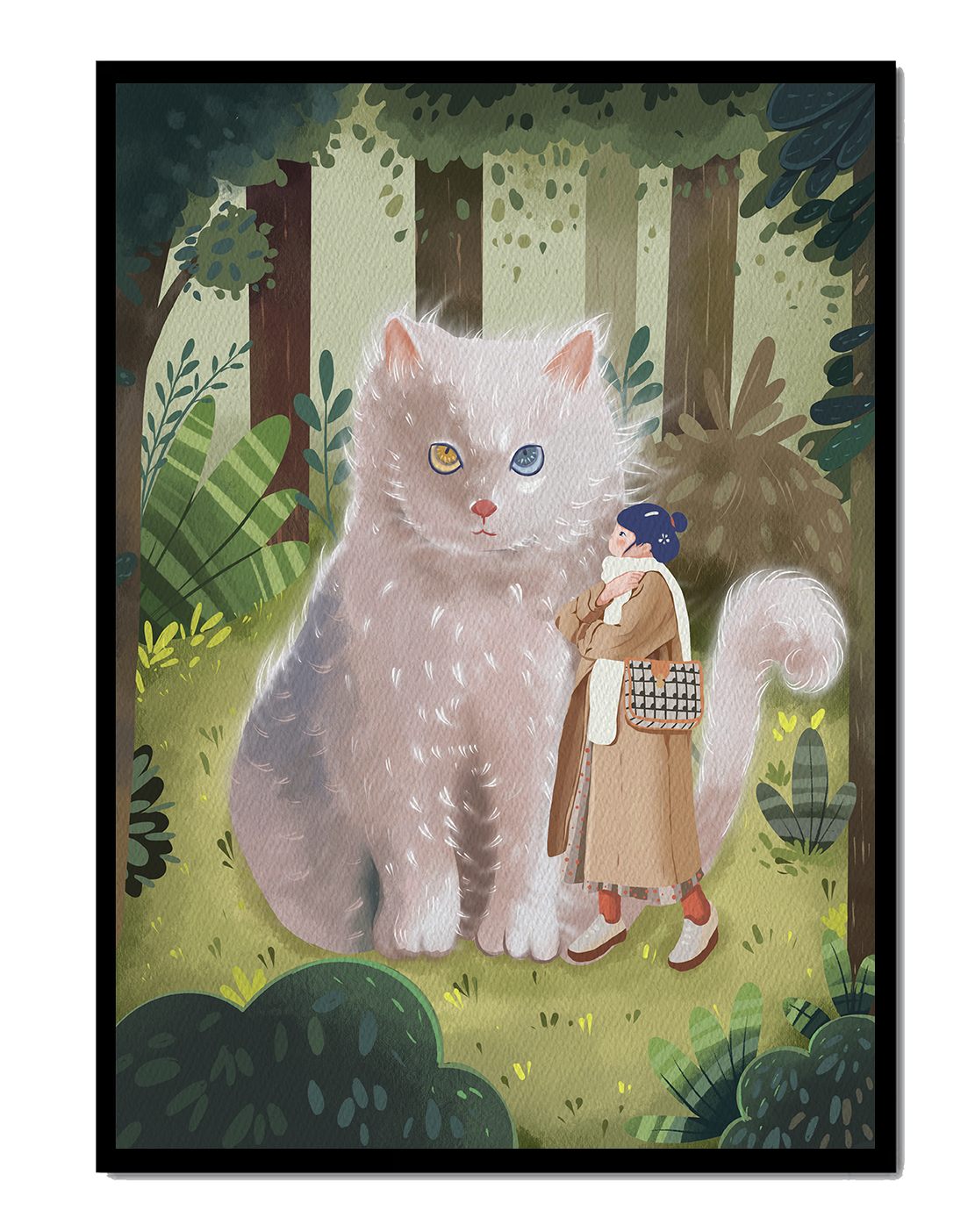 Verzauberter Wald mit einer riesigen Katze und einer Frau