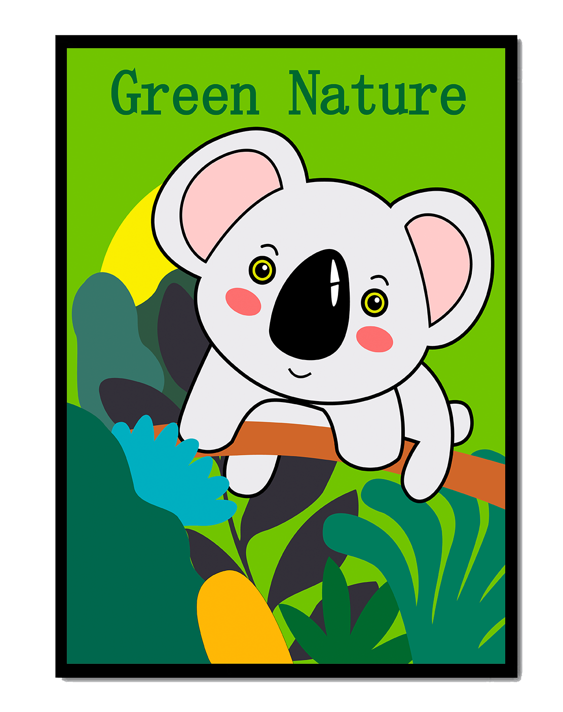 Adorable koala on a branch in lush green nature illustration