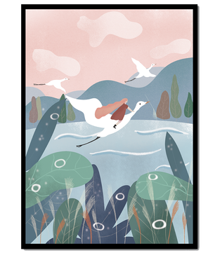 Whimsical landscape with flying birds and pink sky