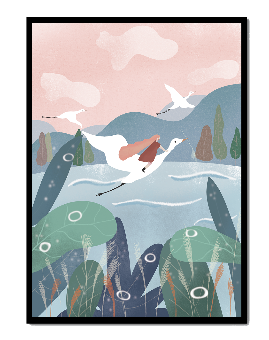 Whimsical landscape with flying birds and pink sky