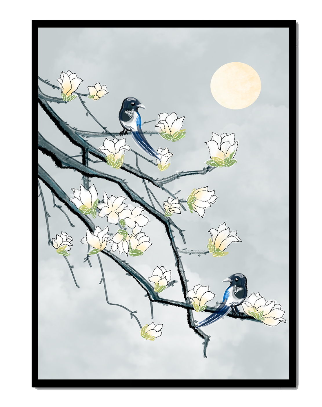 Birds on blossoming branches under a serene moonlit sky