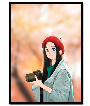 Chica de anime con boina roja sosteniendo una cámara durante el otoño