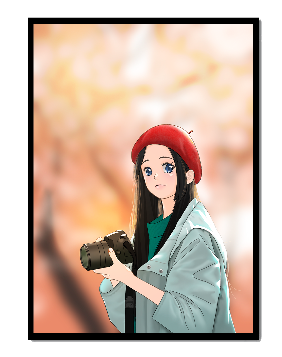 Anime girl in red beret holding camera during autumn