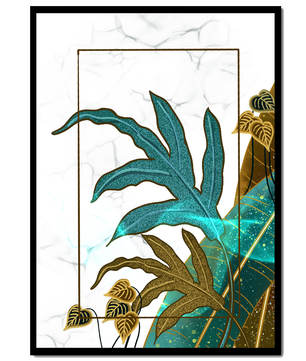 Abstrakte botanische Kunst mit blauen und goldenen Blattmustern