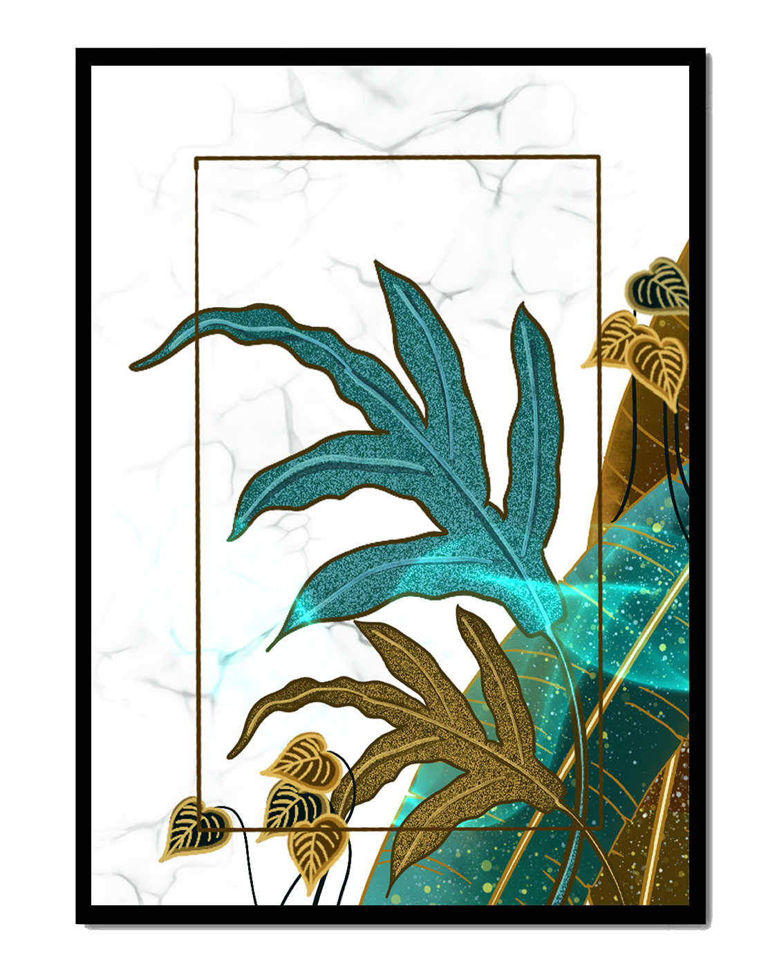 Abstract botanical art with blue and gold leafy designs