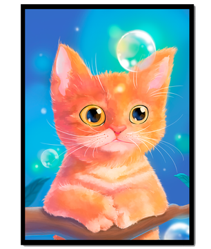 Adorable orange kitten illustration with bubbles and a colorful background
