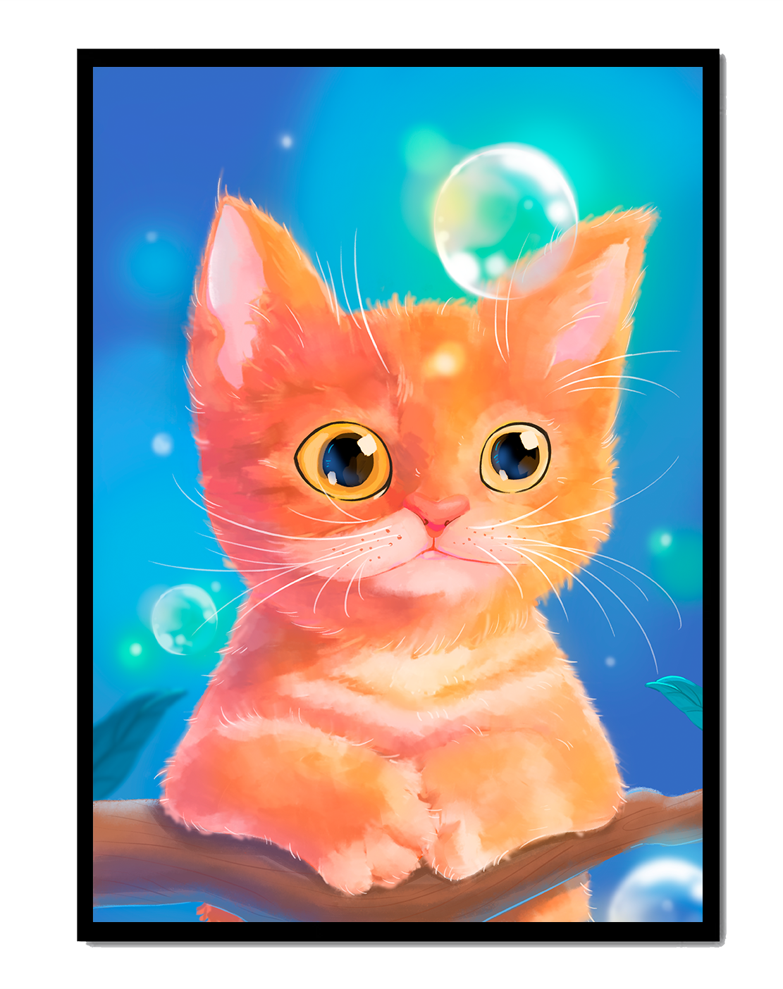 Adorable orange kitten illustration with bubbles and a colorful background