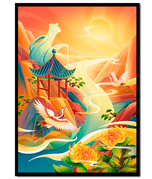 Mystical landscape with cranes and serene mountains