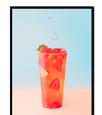 Refreshing strawberry drink with floating slices on pastel background