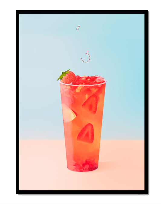 Refreshing strawberry drink with floating slices on pastel background