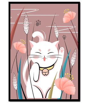 Ilustración de un gato maneki-neko en un entorno de jardín floral