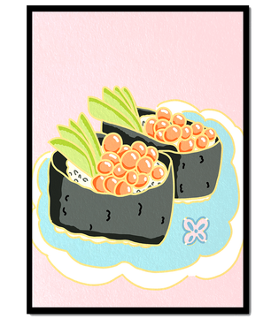 Illustration of sushi rolls with fish roe and avocado on a pastel background