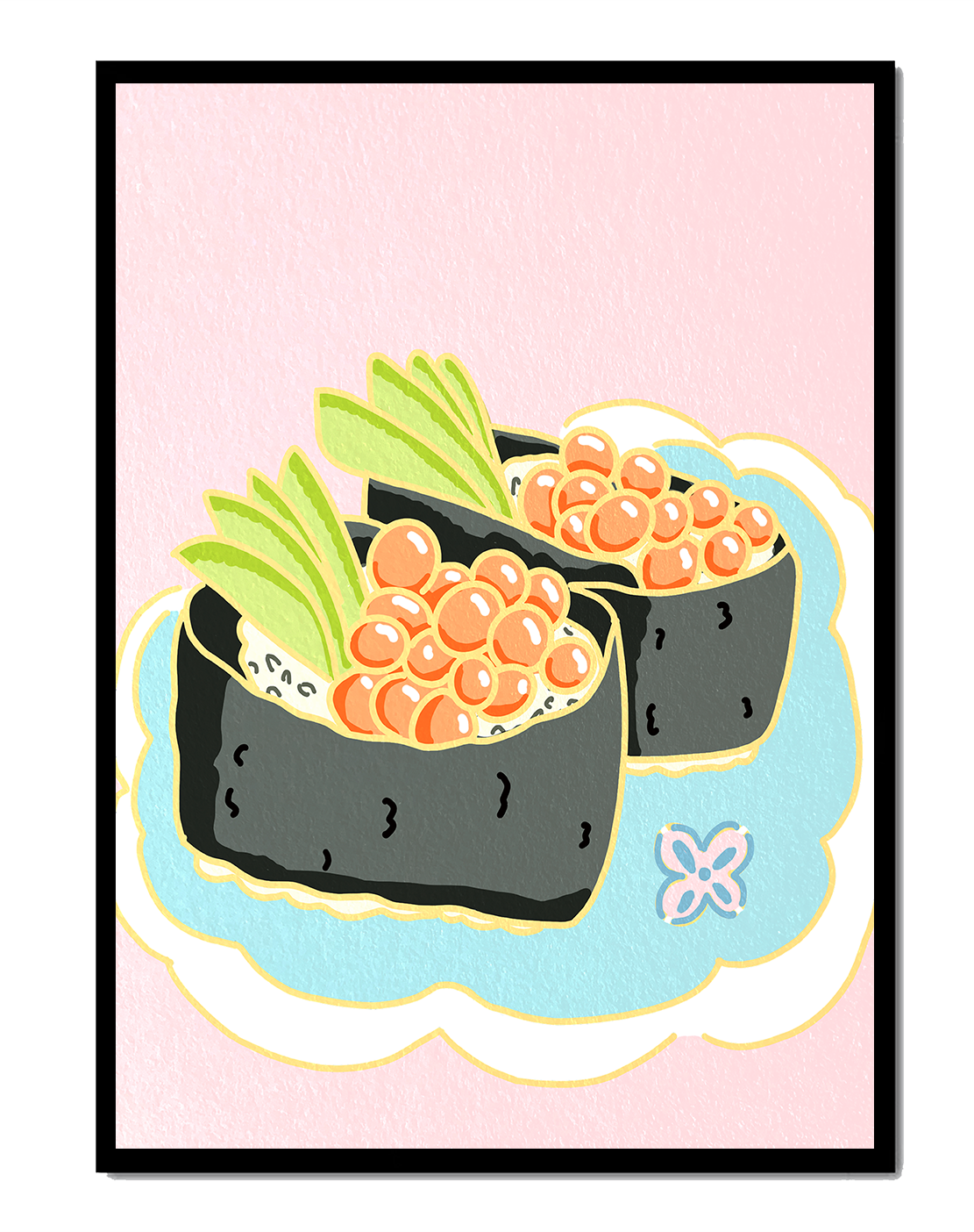 Illustration of sushi rolls with fish roe and avocado on a pastel background