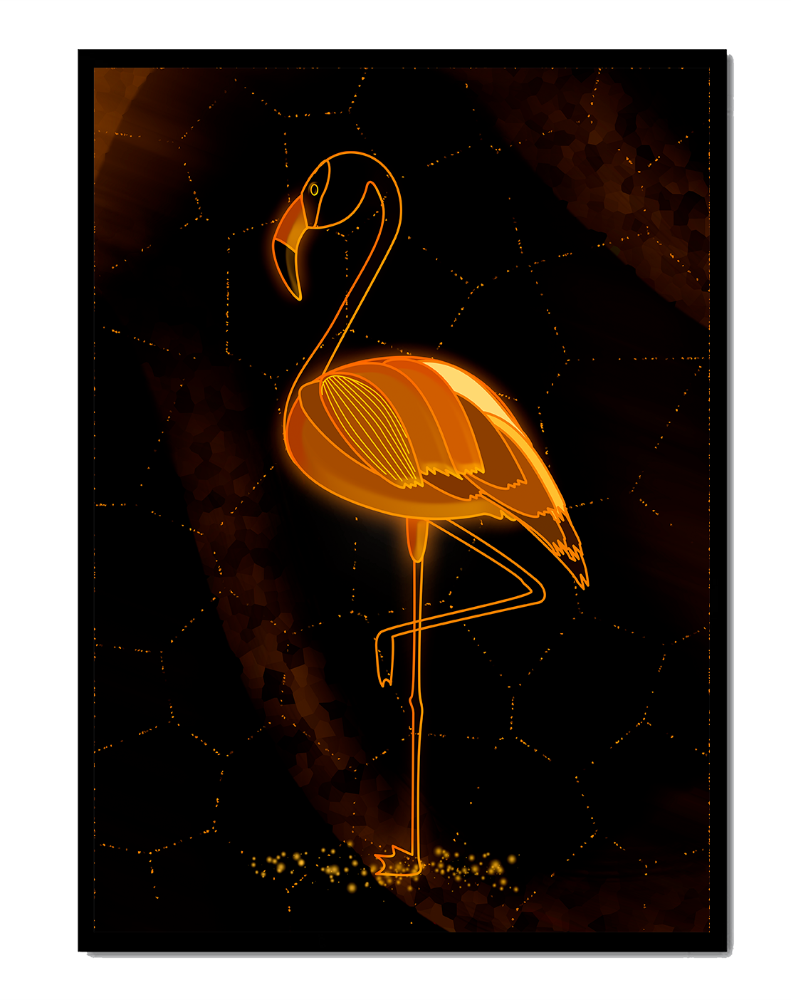 Elegant golden flamingo on abstract dark background