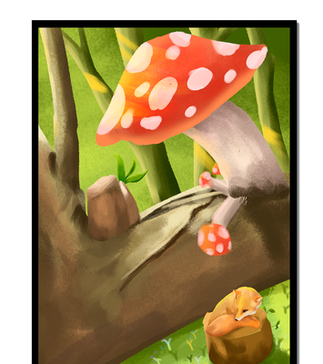 Charming forest scene with a fox resting under mushrooms