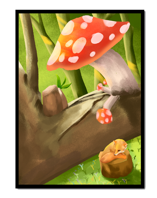 Charming forest scene with a fox resting under mushrooms